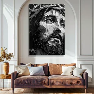 cuadro rostro de jesus con corona de espinas a blanco y negro