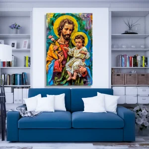 cuadro san jose y el niño jesus fondo de colores
