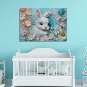 cuadro conejo blanco fondo celeste