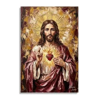 Cuadro Llama del Corazón María Luisa 3 Llama del Corazón 80x120 cm con Jesús corona radiante dorada manto granate y corazón ardiente sobre el pecho