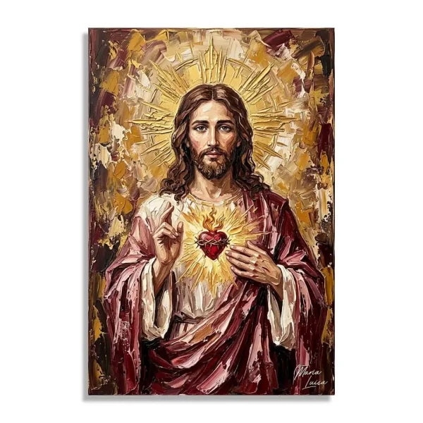 Llama del Corazón 80x120 cm con Jesús corona radiante dorada manto granate y corazón ardiente sobre el pecho