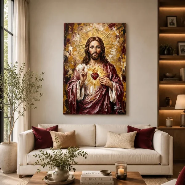 Cuadro Llama del Corazón María Luisa 1 Cuadro vertical del Sagrado Corazón de Jesús en sala con sofá blanco cojines granate planta olivo sideboard y repisa