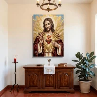 Cuadro Amparo Eterno María Luisa - Sagrado Corazón de Jesús con rayos dorados, ambientado en recibidor