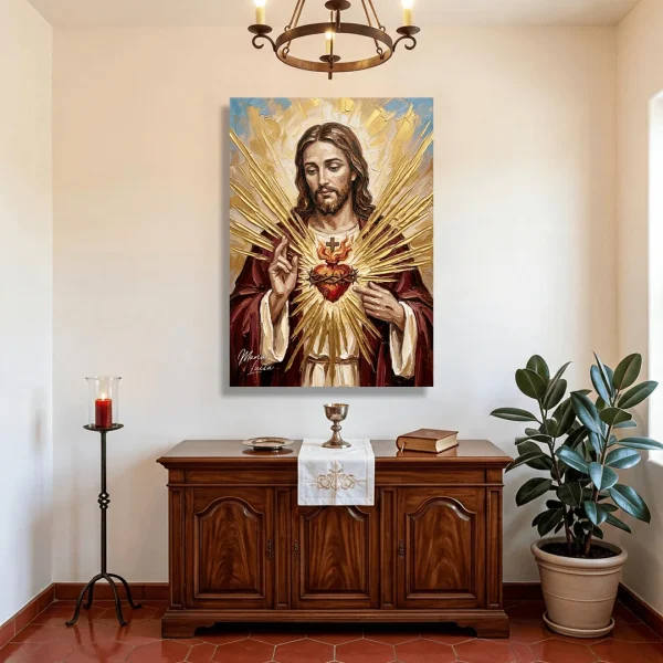 Cuadro Amparo Eterno María Luisa - Sagrado Corazón de Jesús con rayos dorados, ambientado en recibidor